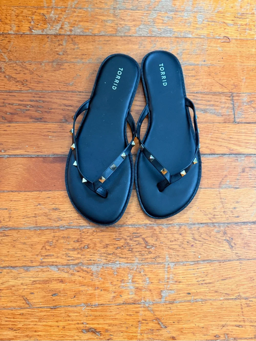 Torrid Black Flip-Flop Sandals with Gold Pyramid Studs